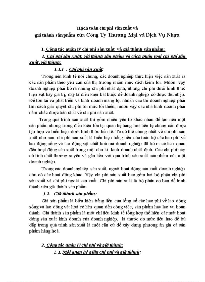 Hạch toán chi phí sản xuất và giá thành sản phẩm của Công Ty Thương Mại và Dịch Vụ Nhựa