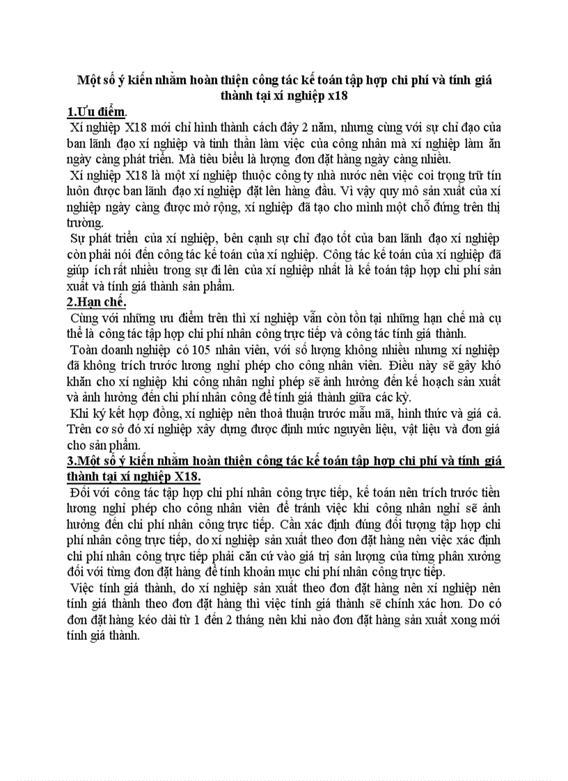 Một số ý kiến nhằm hoàn thiện công tác kế toán tập hợp chi phí và tính giá thành tại xí nghiệp x18