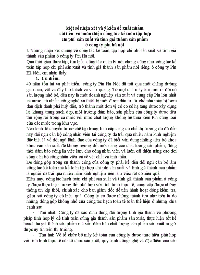Một số nhận xét và ý kiến đề xuất nhằm cải tiến và hoàn thiện công tác kế toán tập hợp chi phí sản xuất và tính giá thành sản phẩm ở công ty pin hà nội