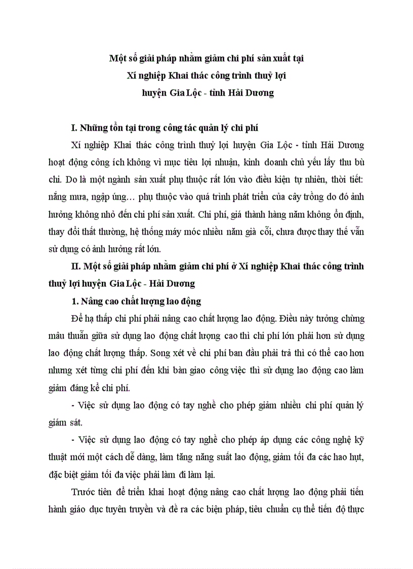 Một số giải pháp nhằm giảm chi phí sản xuất tại Xí nghiệp Khai thác công trình thuỷ lợi huyện Gia Lộc tỉnh Hải Dương