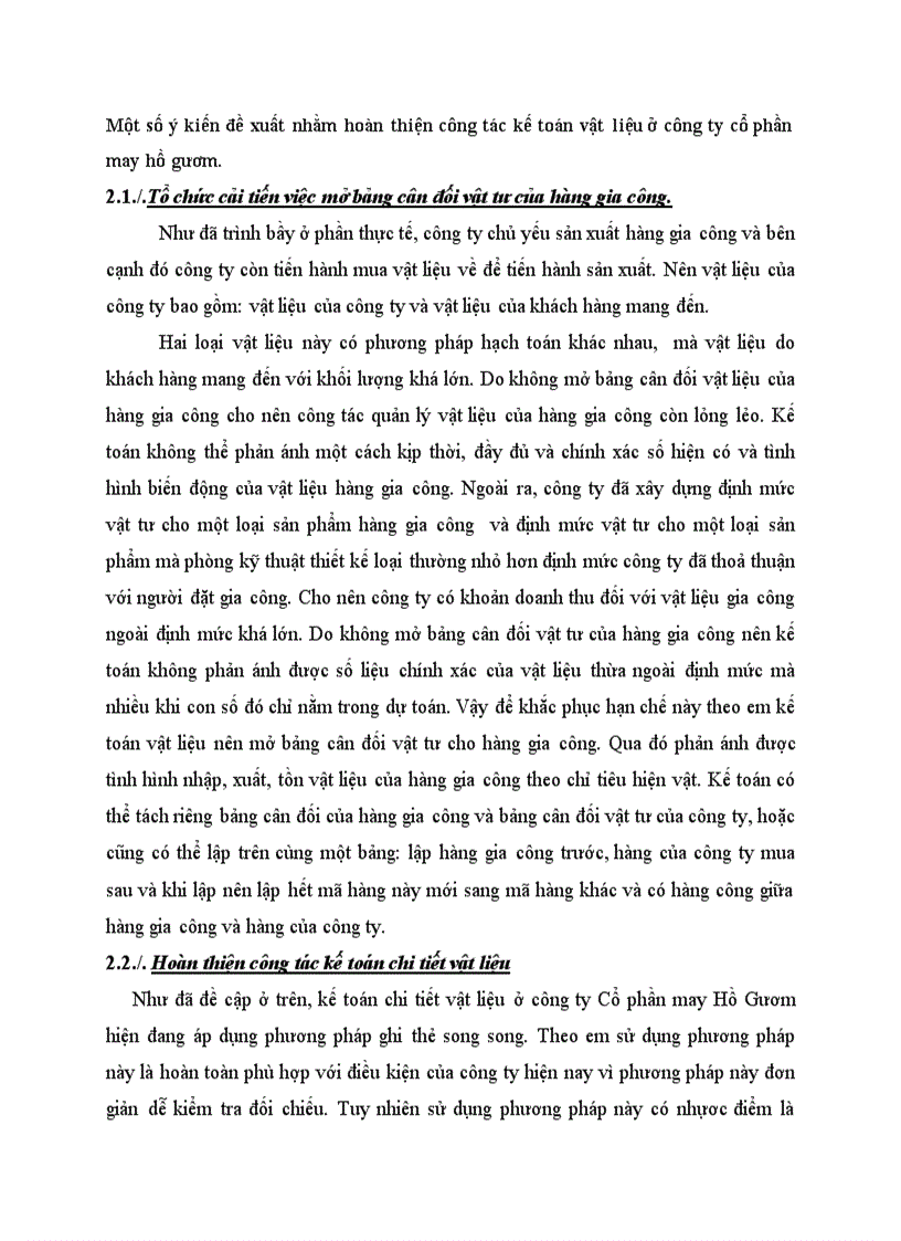 Một số ý kiến đề xuất nhằm hoàn thiện công tác kế toán vật liệu ở công ty cổ phần may hồ gươm