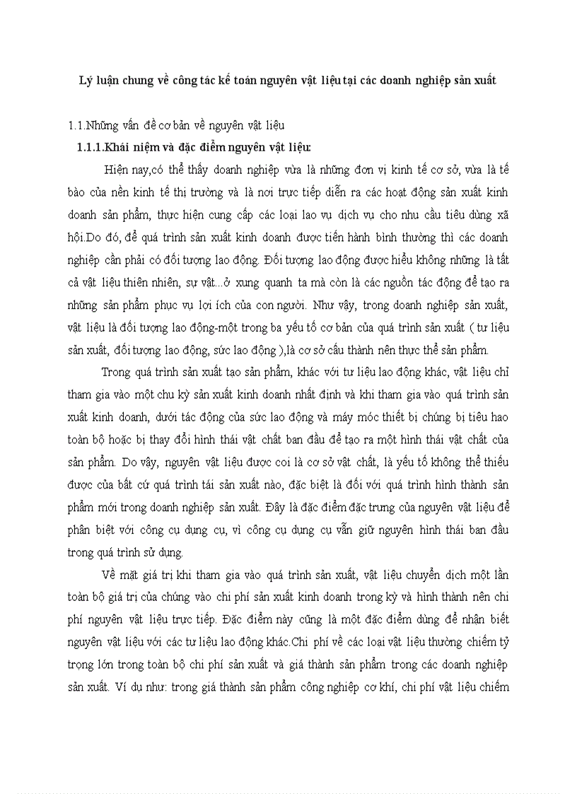 Lý luận chung về công tác kế toán nguyên vật liệu tại các doanh nghiệp sản xuất