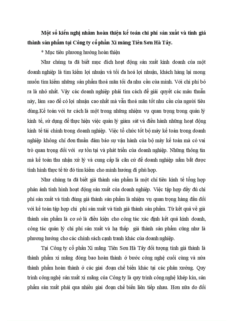 Một số kiến nghị nhằm hoàn thiện kế toán chi phí sản xuất và tính giá thành sản phẩm tại Công ty cổ phần Xi măng Tiên Sơn Hà Tây
