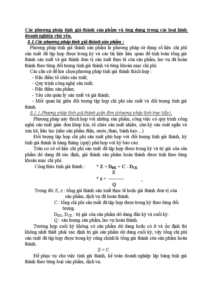 Các phương pháp tính giá thành sản phẩm và ứng dụng trong các loại hình doanh nghiệp chủ yếu