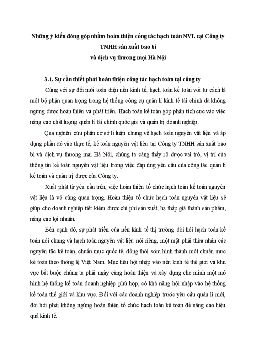 Những ý kiến đóng góp nhằm hoàn thiện công tác hạch toán nguyên vật liệu tại Công ty TNHH sản xuất bao bì và dịch vụ thương mại Hà Nội