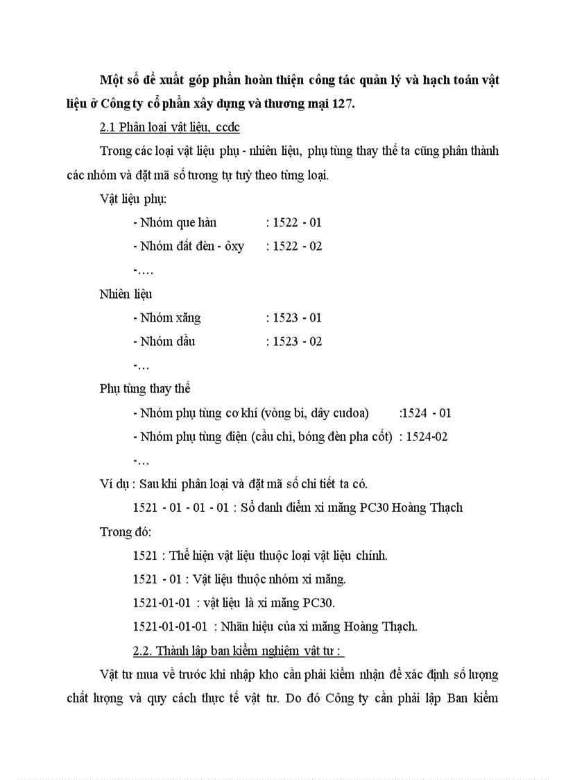 Một số đề xuất góp phần hoàn thiện công tác quản lý và hạch toán vật liệu ở Công ty cổ phần xây dựng và thương mại 127