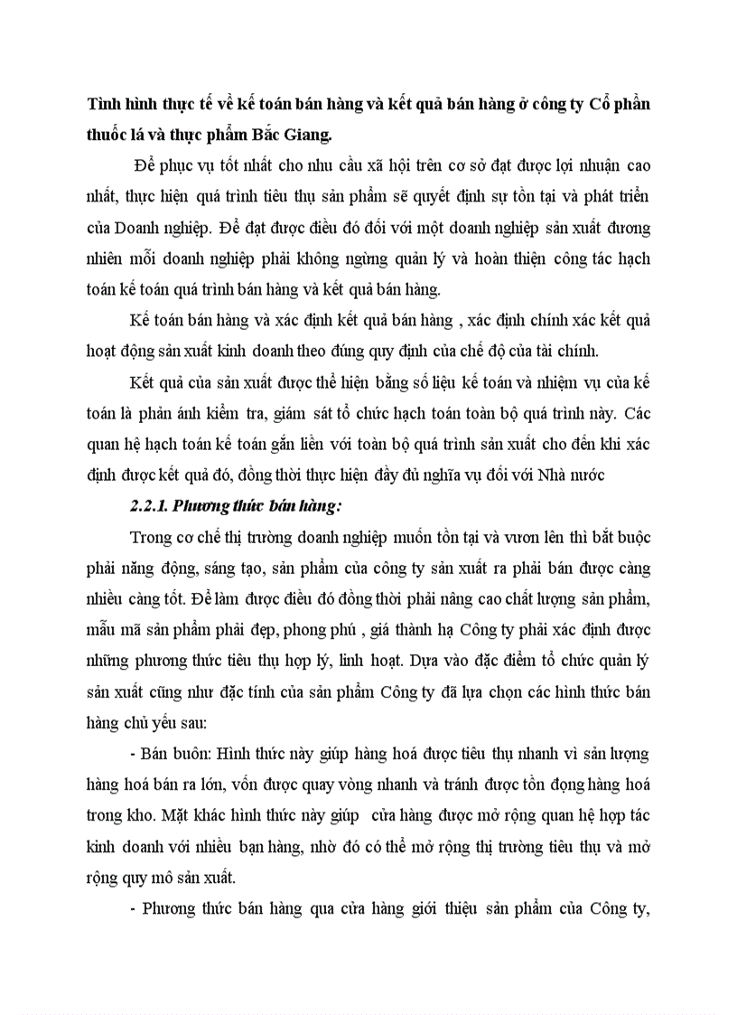 Tình hình thực tế về kế toán bán hàng và kết quả bán hàng ở công ty Cổ phần thuốc lá và thực phẩm Bắc Giang