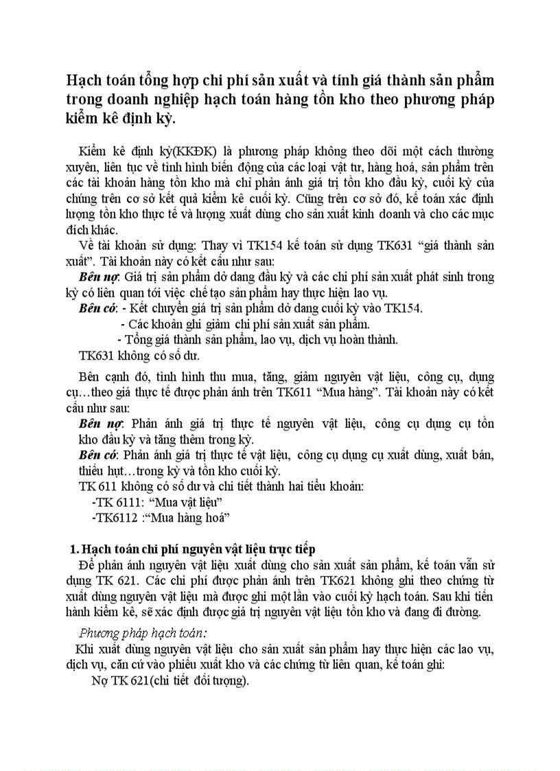 Hạch toán tổng hợp chi phí sản xuất và tính giá thành sản phẩm trong doanh nghiệp hạch toán hàng tồn kho theo phương pháp kiểm kê định kỳ