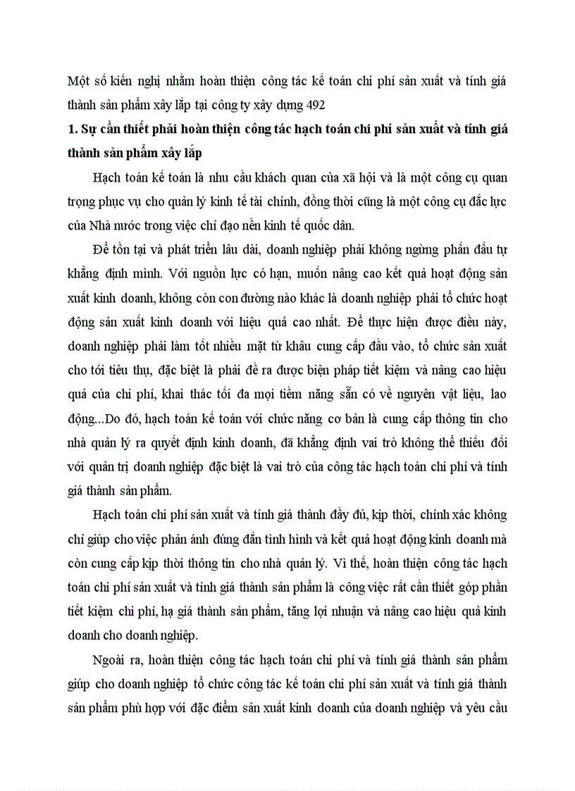 Một số kiến nghị nhằm hoàn thiện công tác kế toán chi phí sản xuất và tính giá thành sản phẩm xây lắp tại công ty xây dựng 492