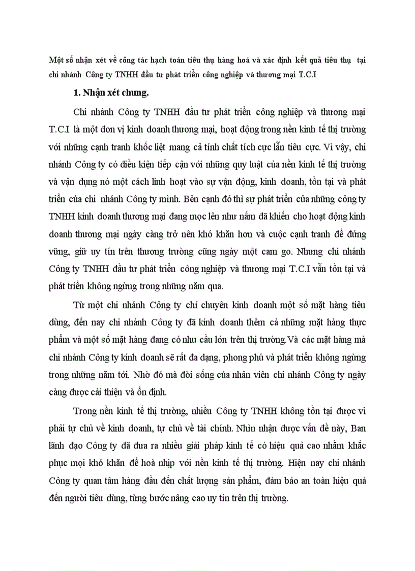 Một số nhận xét về công tác hạch toán tiêu thụ hàng hoá và xác định kết quả tiêu thụ tại chi nhánh Công ty TNHH đầu tư phát triển công nghiệp và thương mại T C I