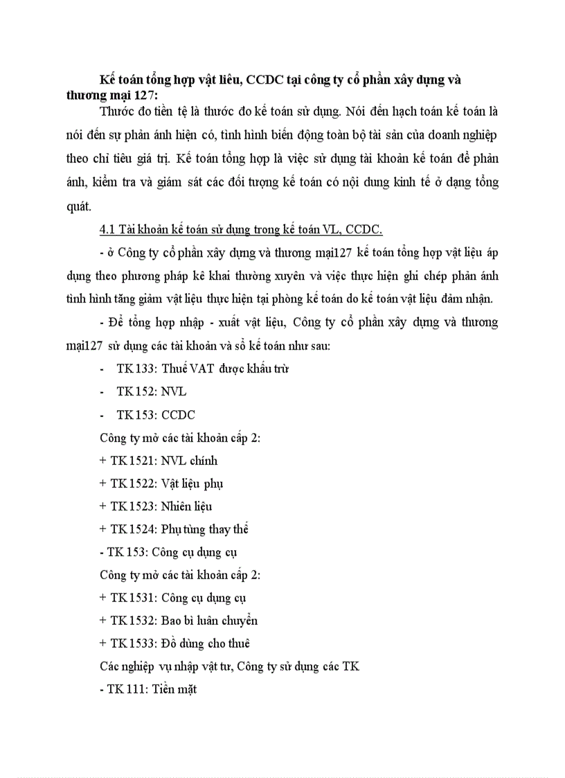 Kế toán tổng hợp vật liêu CCDC tại công ty cổ phần xây dựng và thương mại 127