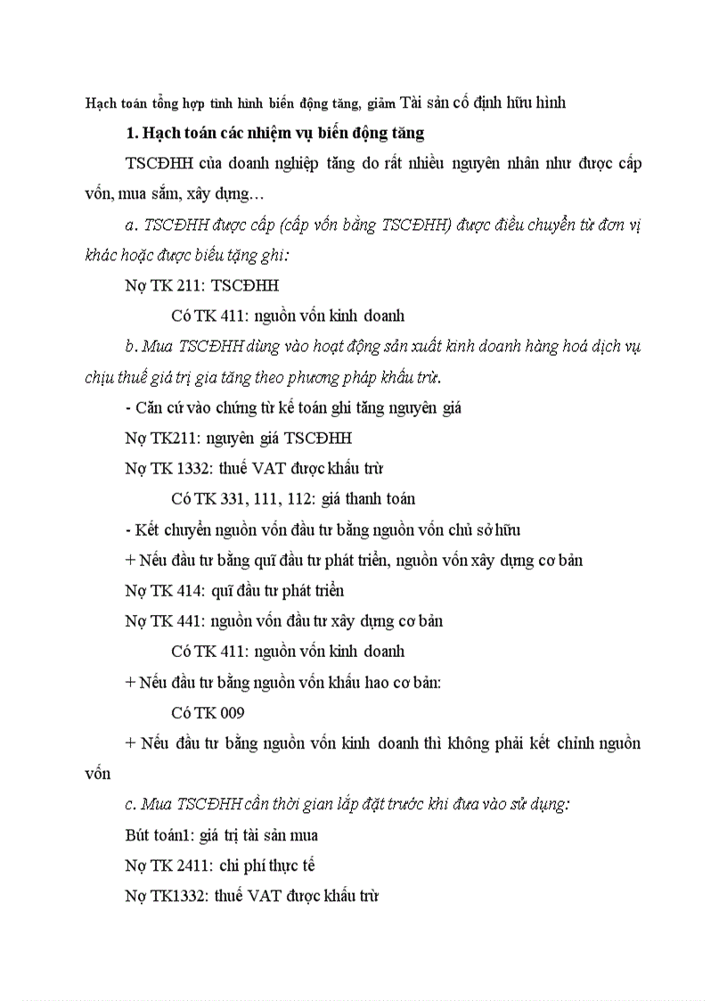 Hạch toán tổng hợp tình hình biến động tăng giảm Tài sản cố định hữu hình