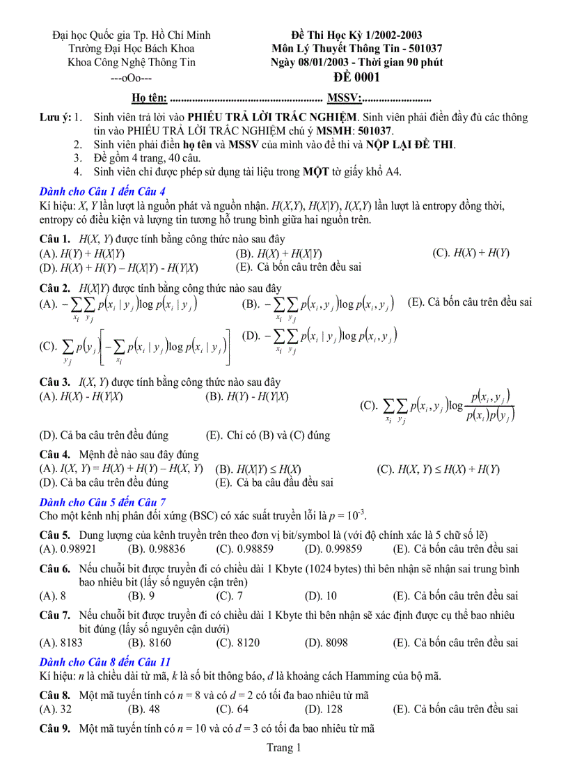 Đề thi học kì 1 2002 2003 lý thuyết truyền tin
