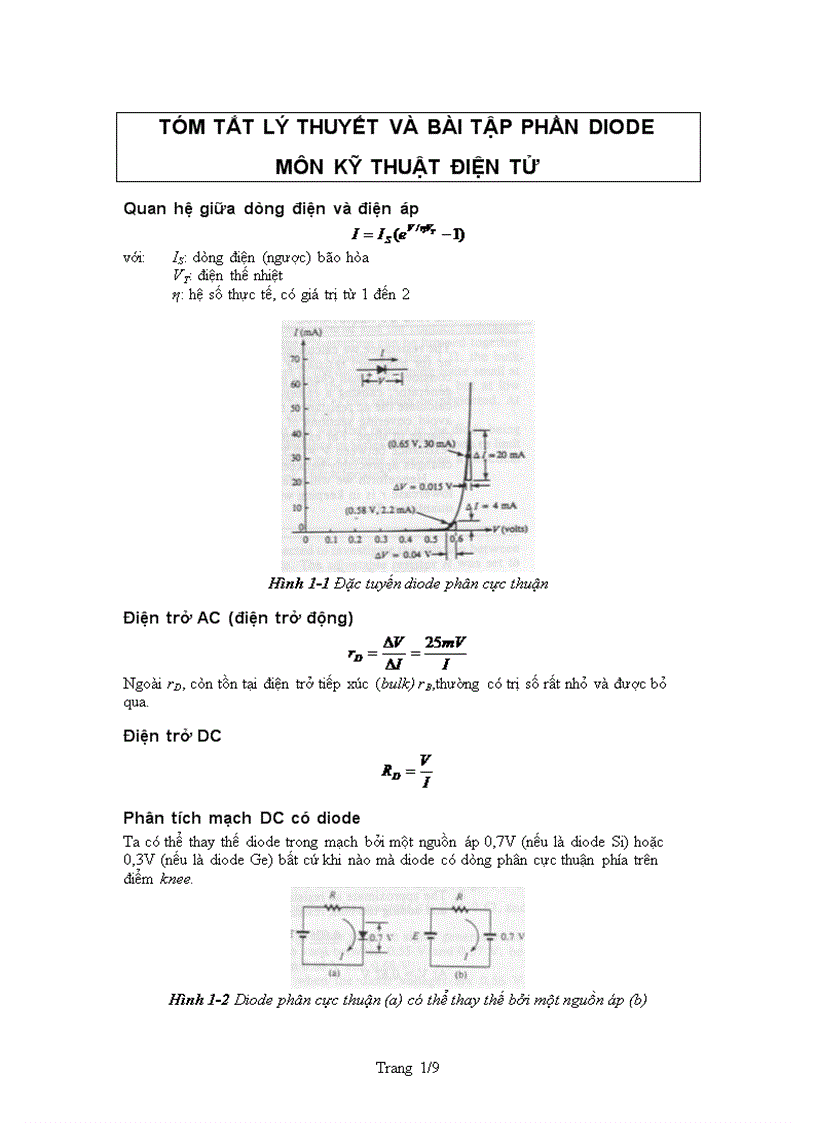 Tóm tắt lý thuyết và bài tập phần diode
