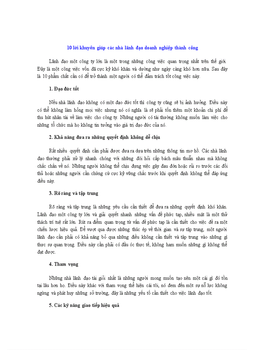 10 lời khuyên giúp các nhà lãnh đạo doanh nghiệp thành công