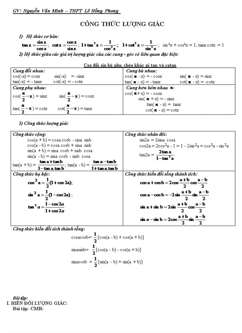 Bằng công thức lượng giác dễ nhớ