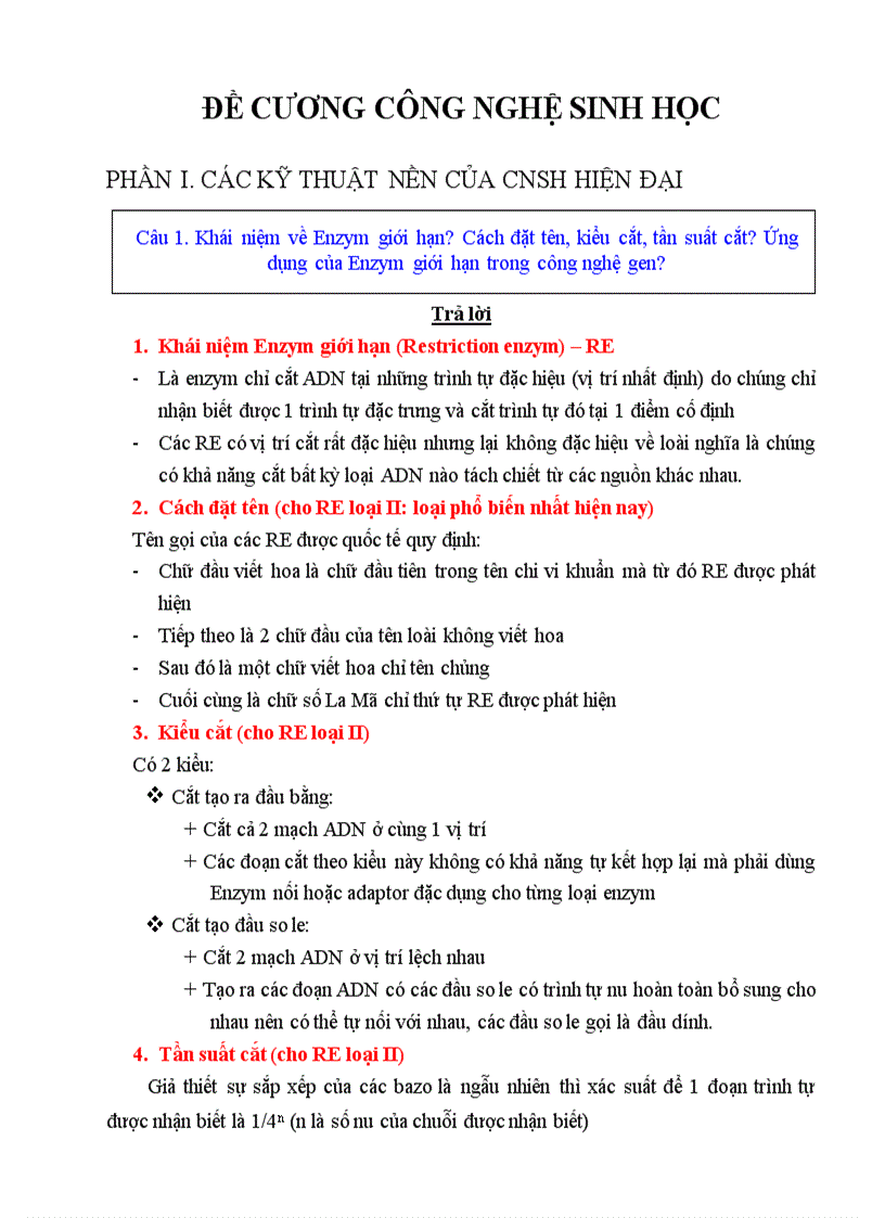 Đề cương Công nghệ sinh học Các kỹ thuật nền của CNSH hiện đại và công nghệ sinh học thực vật