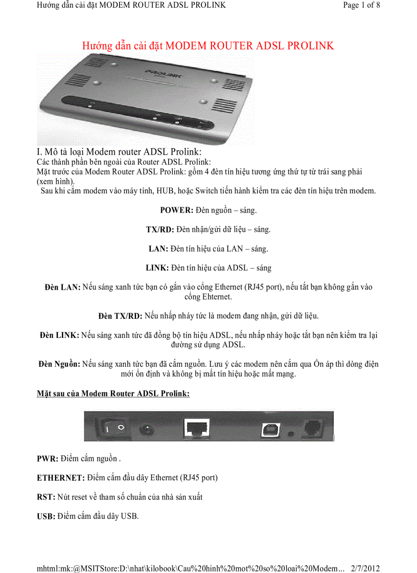 Hướng dẫn cài đặt MODEM ROUTER ADSL PROLINK