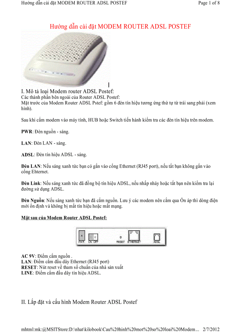 Hướng dẫn cài đặt MODEM ROUTER ADSL POSTEF