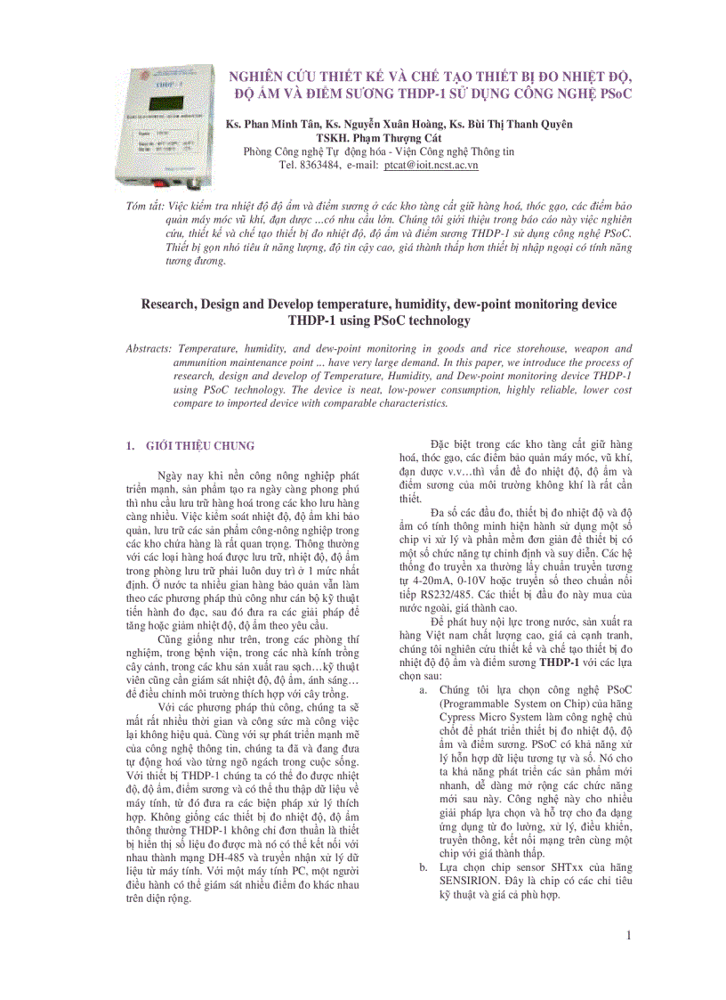 Nghiên cứu thiết kế và chế tạo thiết bị đo nhiệt độ độ ẩm và điểm sương thdp 1 sử dụng công nghệ PSoC