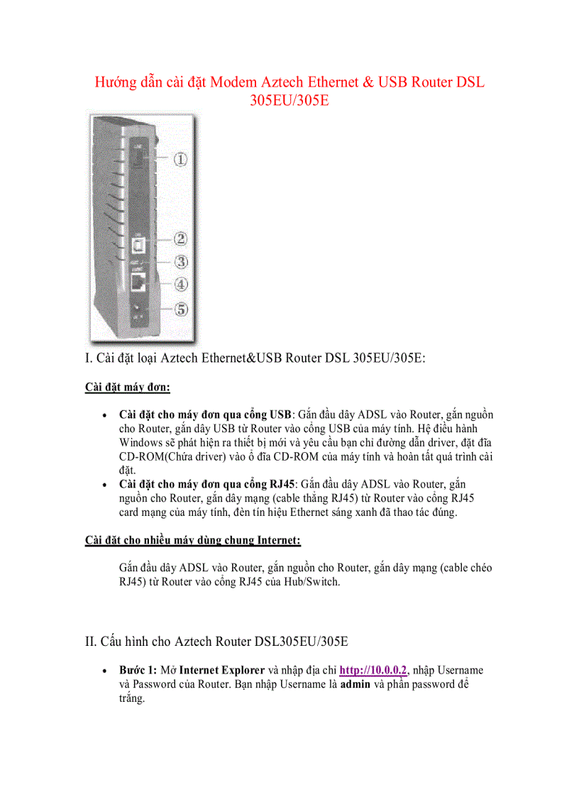 Hướng dẫn cài đặt Modem Aztech Ethernet USB Router DSL 305EU 305E