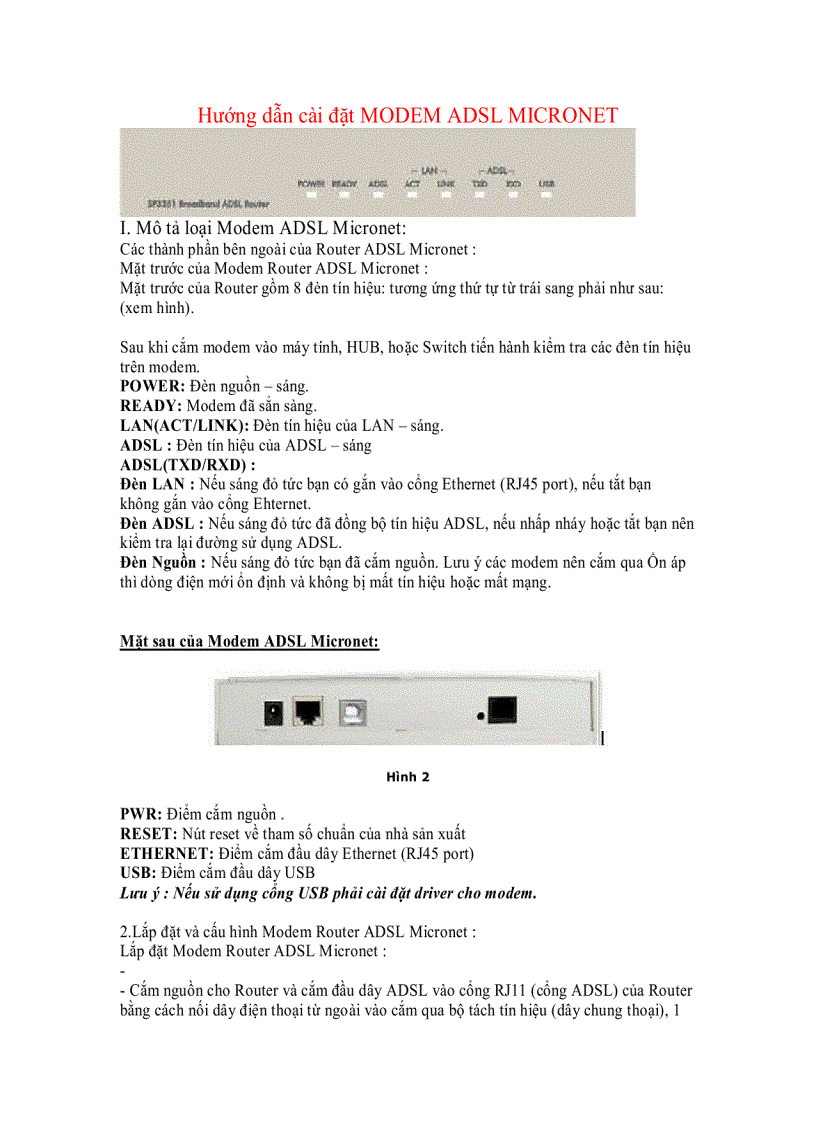 Hướng dẫn cài đặt MODEM ADSL MICRONET