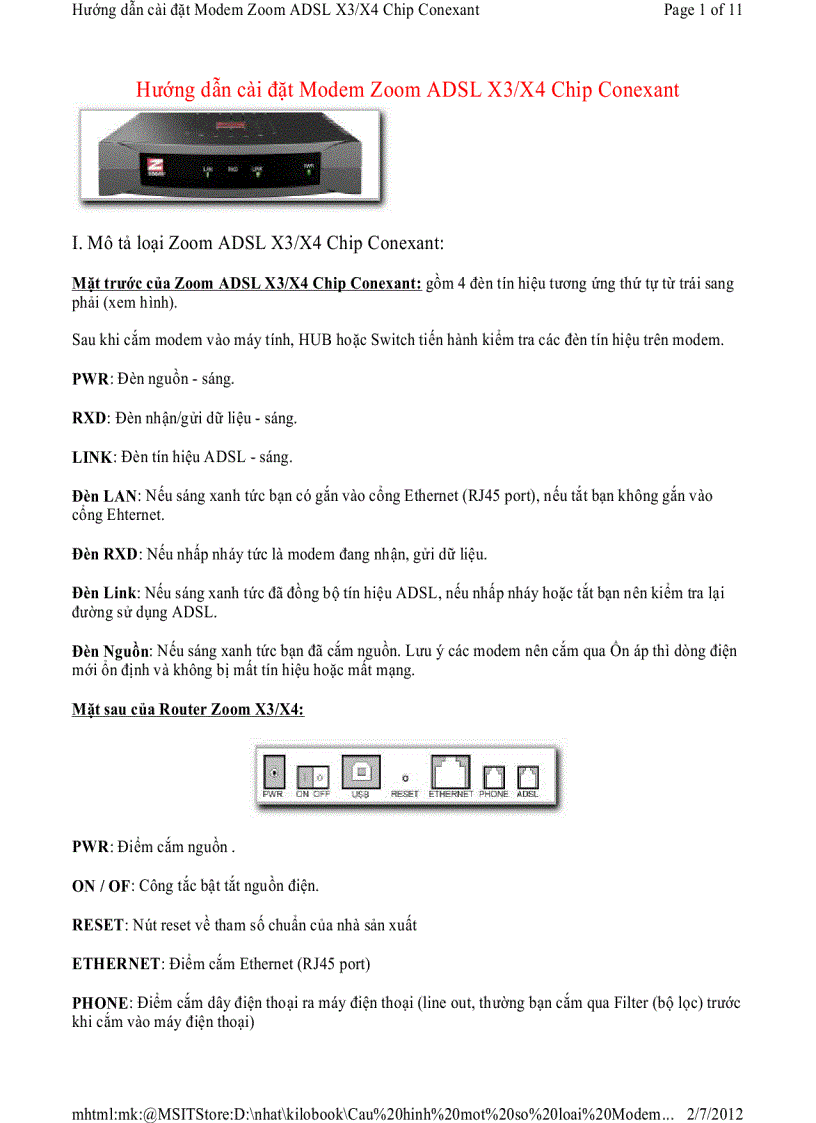 Hướng dẫn cài đặt Modem Zoom ADSL X3 X4 Chip Conexant