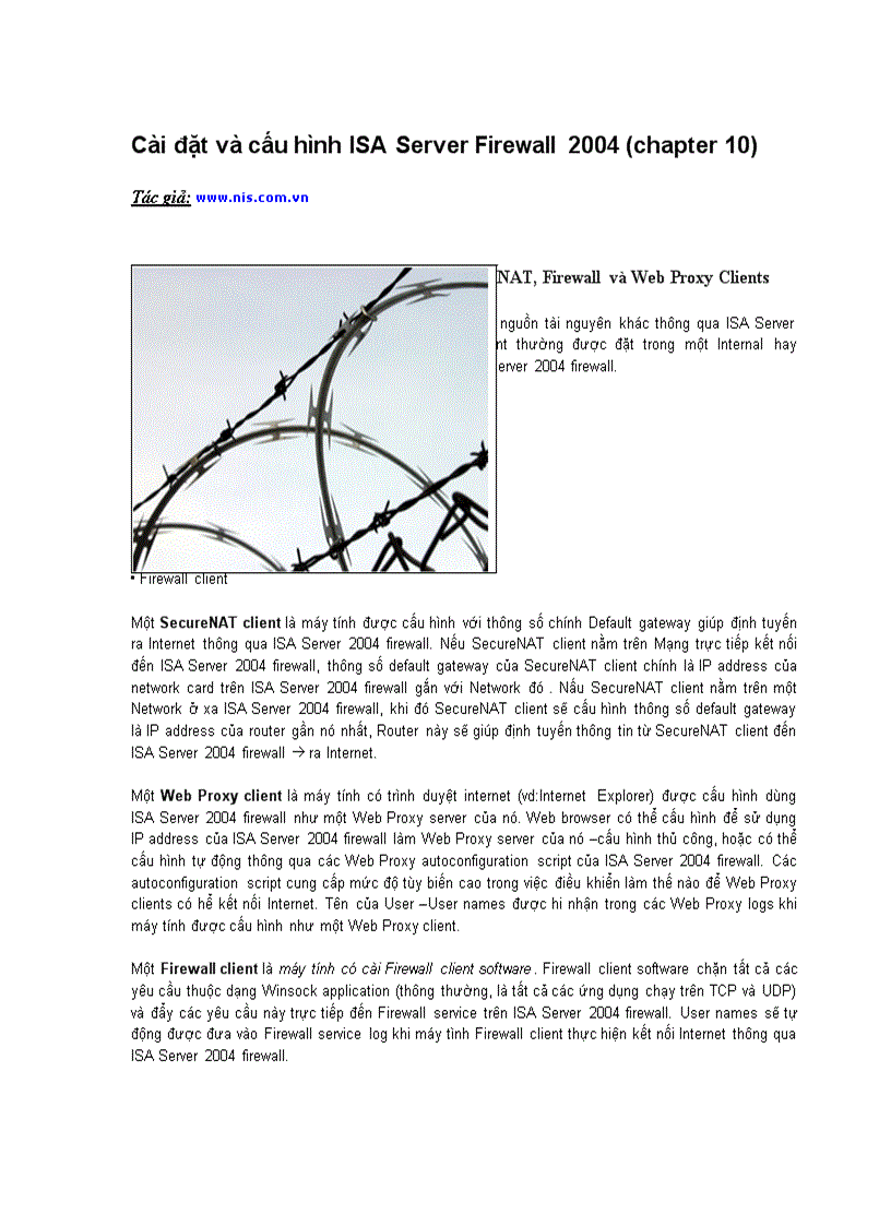 Configuring ISA Server 2004 SecureNAT Firewall và Web Proxy Clients