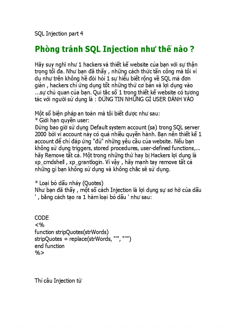 Phòng tránh SQL Injection như thế nào