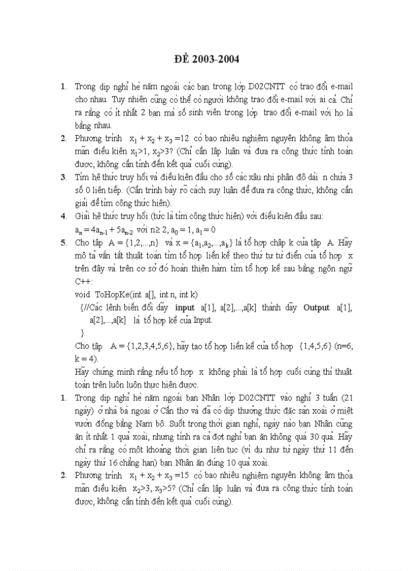 Đề thi toán rời rạc 2003 2009