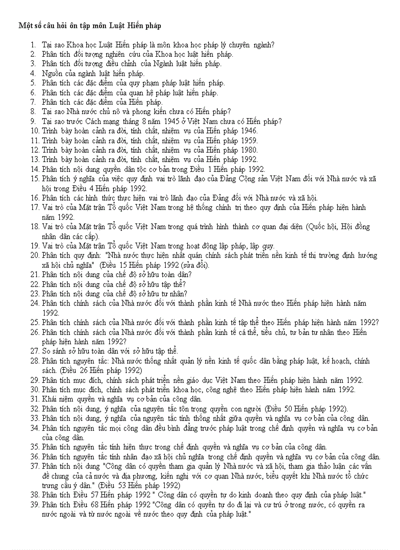 Một số câu hỏi ôn tập môn Luật Hiến pháp