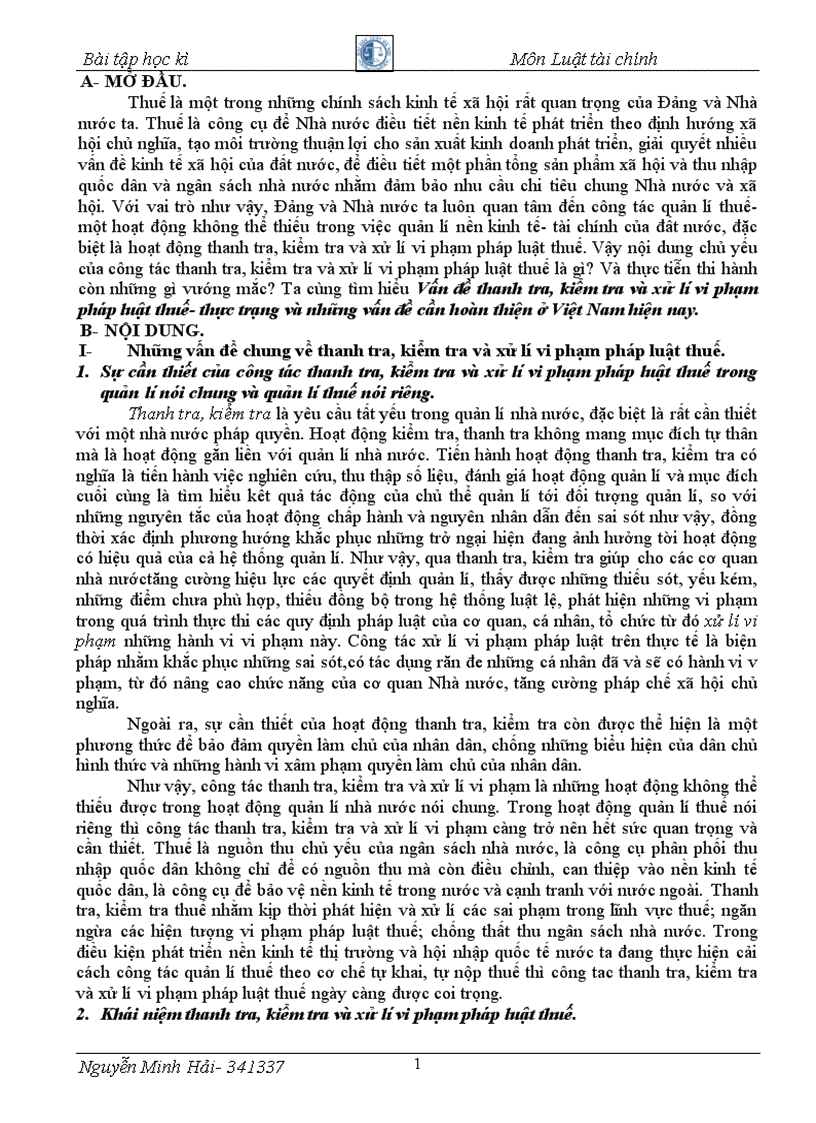 Bài tập học kỳ tài chính Pháp luật về kiểm tra thanh tra và xử lý vi phạm pháp luật thuế thực trạng và kiến nghị