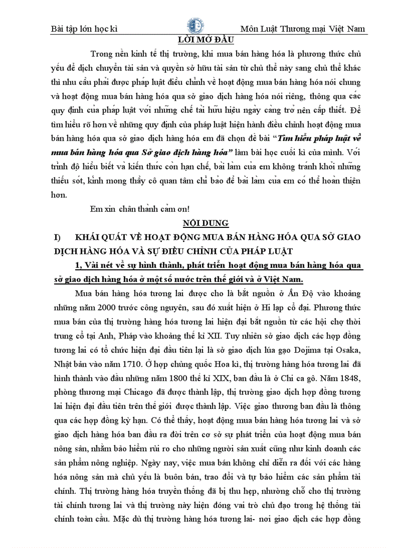 Học kỳ thương mại 2 Tìm hiểu pháp luật về mua bán hàng hóa qua Sở giao dịch hàng hóa