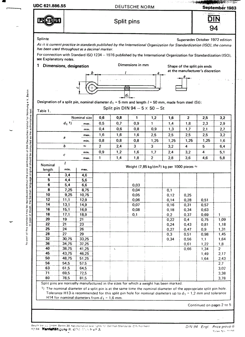 Tiêu chuẩn kỹ thuật của đức din 94 split pins chốt chẻ