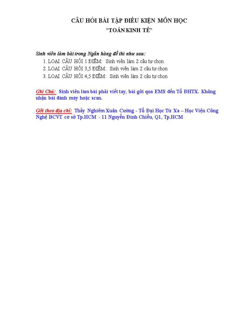 Bộ đề kiểm tra điều kiện Học viện Bưu chính viễn thông Đề 5 Toán Kinh tế thầy hải