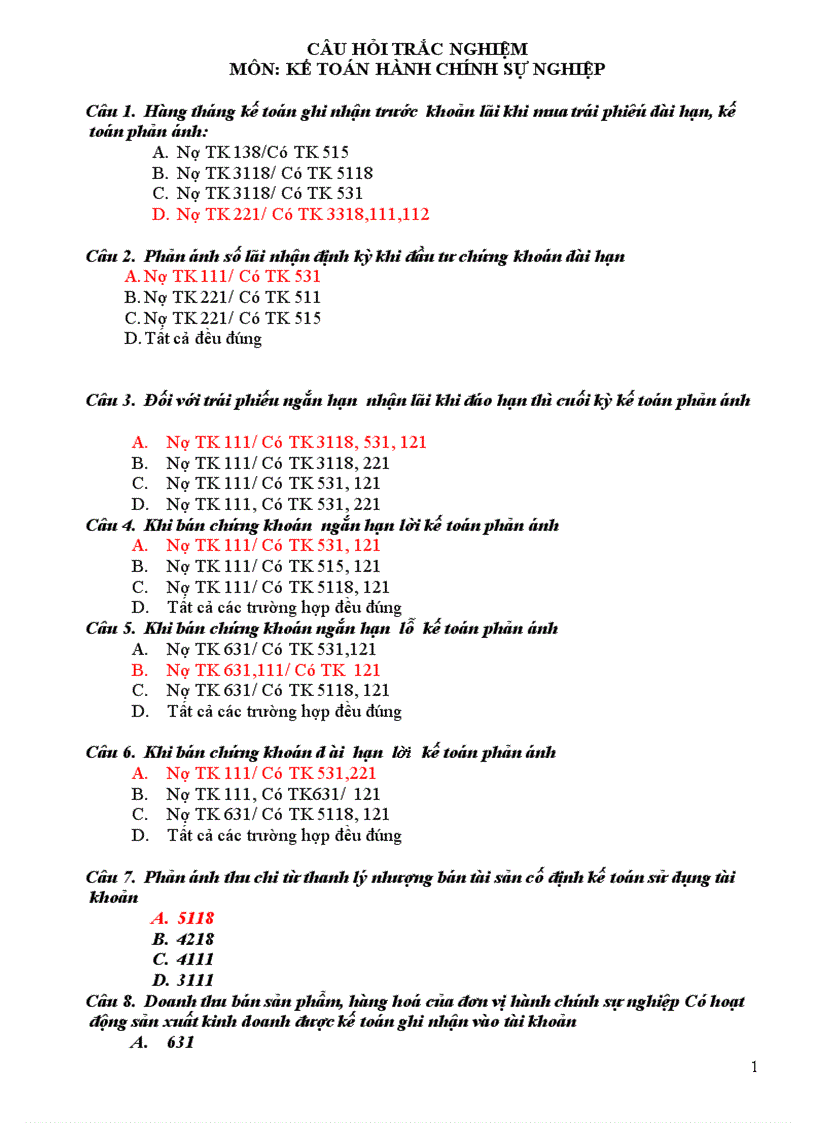 Câu hỏi trắc nghiệm kế toán hành chính sự nghiệp