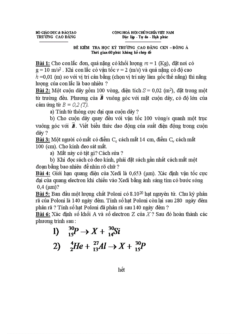 Đề kiểm tra hết học kì trường Cao đẳng CKN
