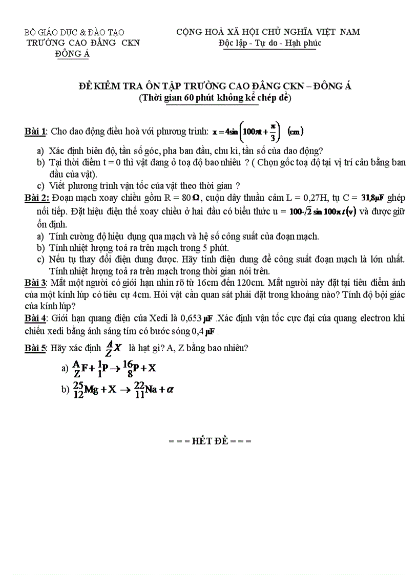 Đề kiểm tra ôn tập trường cao đẳng ckn đông á