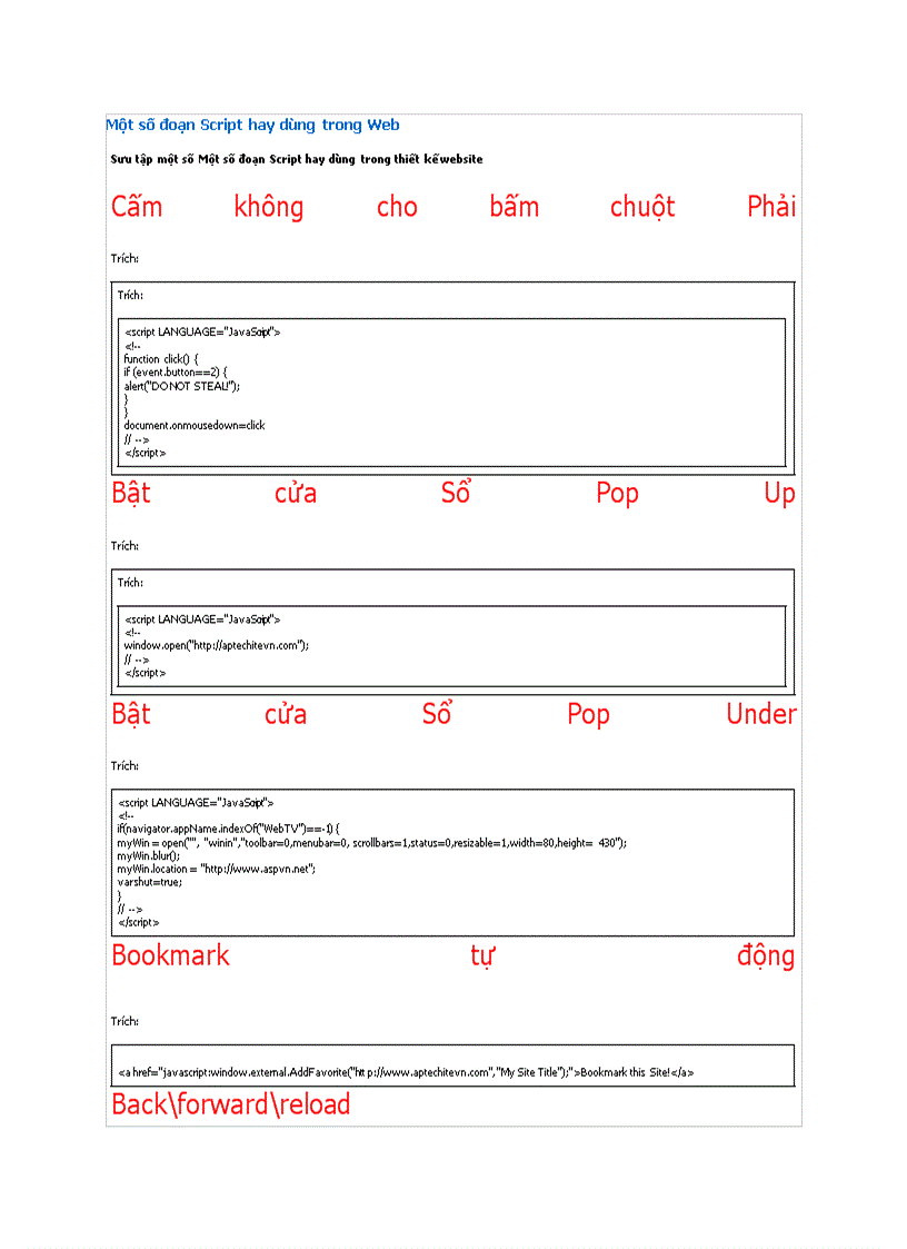 Một số đoạn Script hay dùng trong thiết kế Website