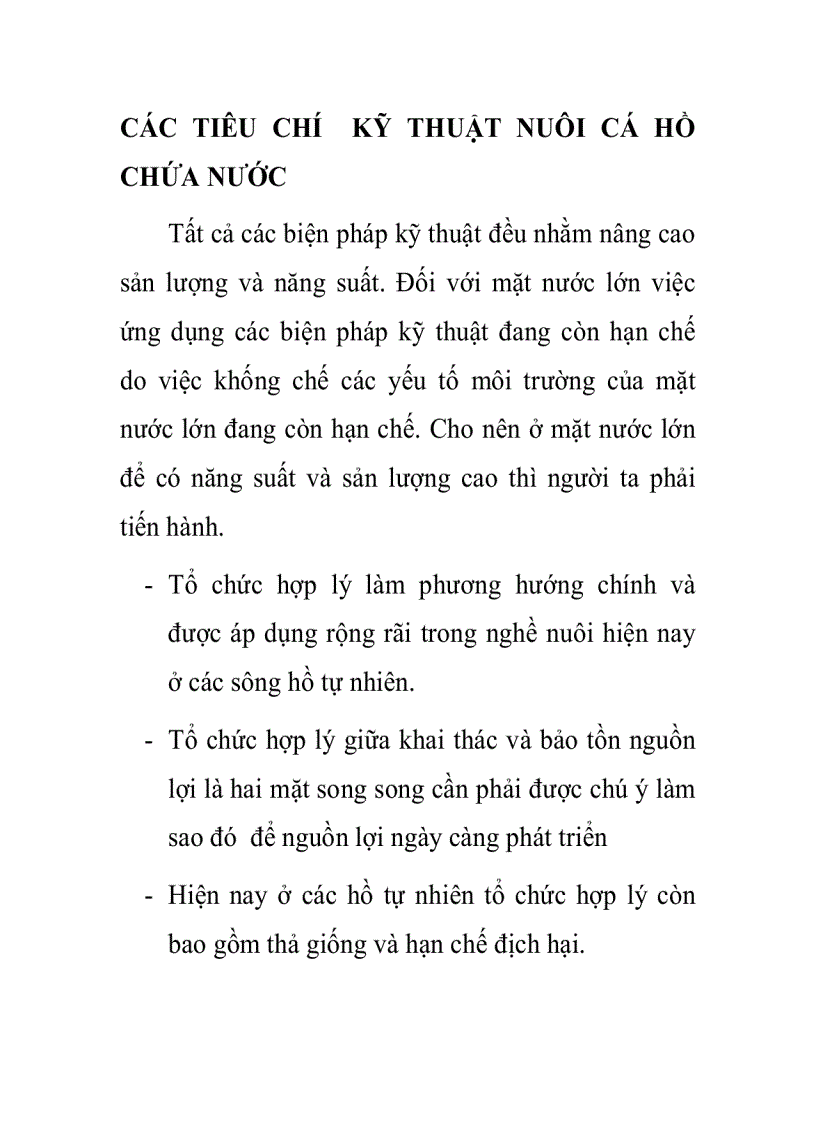 Các tiêu chí kỹ thuật nuôi cá hồ chứa nước