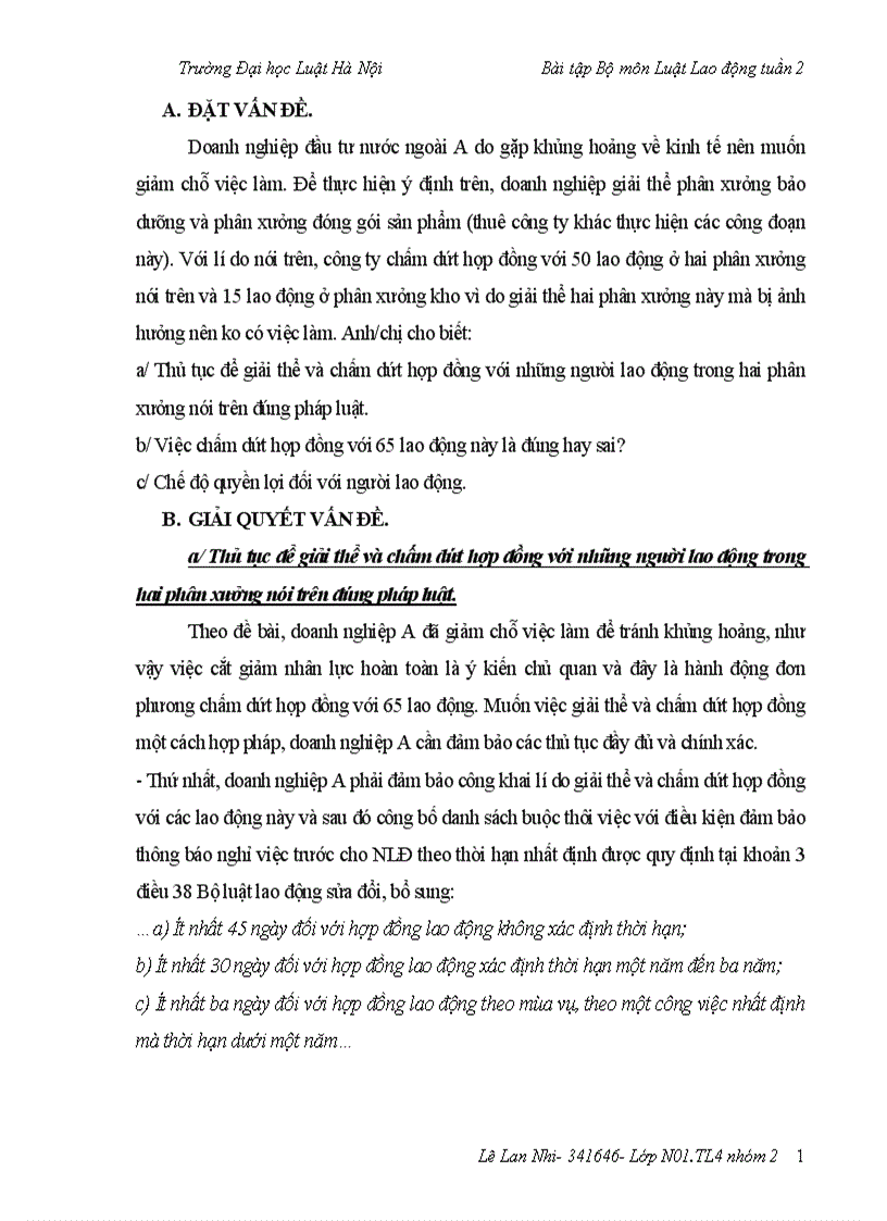 Bài tập cá nhân 2 Lao động doanh nghiệp đầu tư nước gnoài A do gặp khủng hoảng về kinh tế