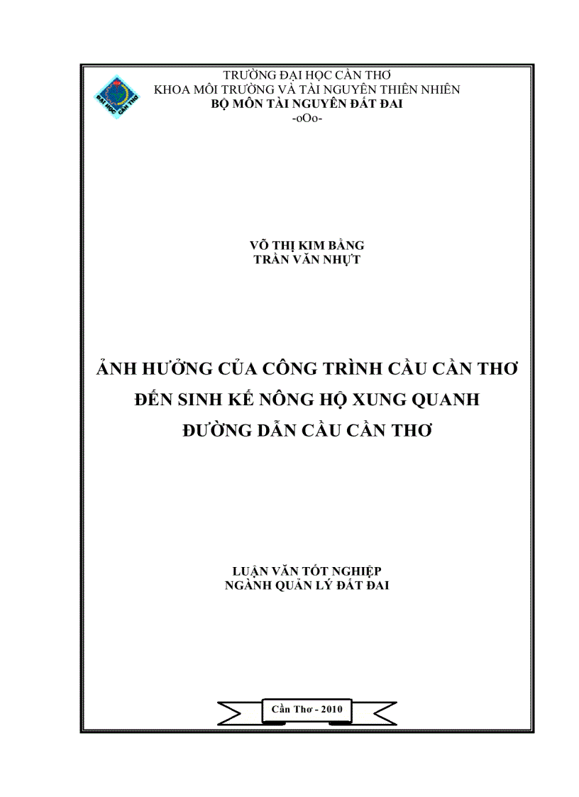 Ảnh hưởng của công trình cầu cần thơ đến sinh kế nông hộ xung quanh đường dẫn cầu cần thơ