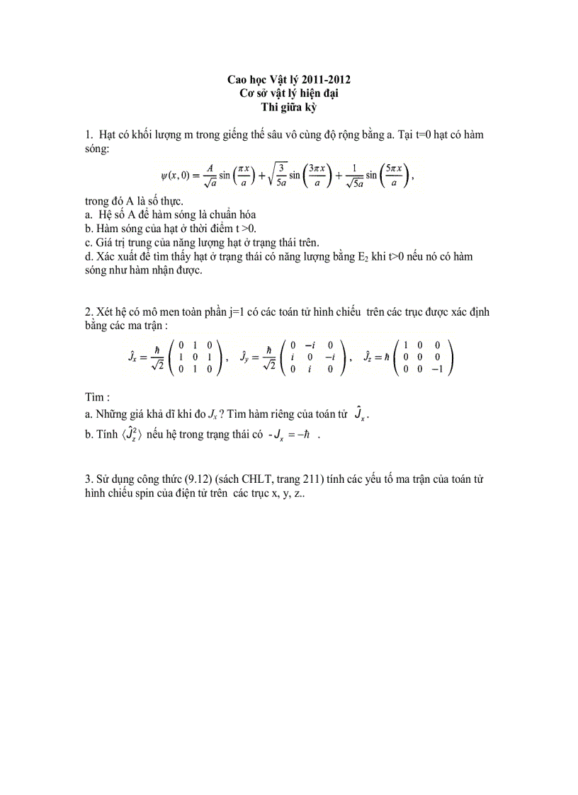 Đề thi giữa kỳ cao học vật lý 2011 Cơ sở vật lí hiện đại