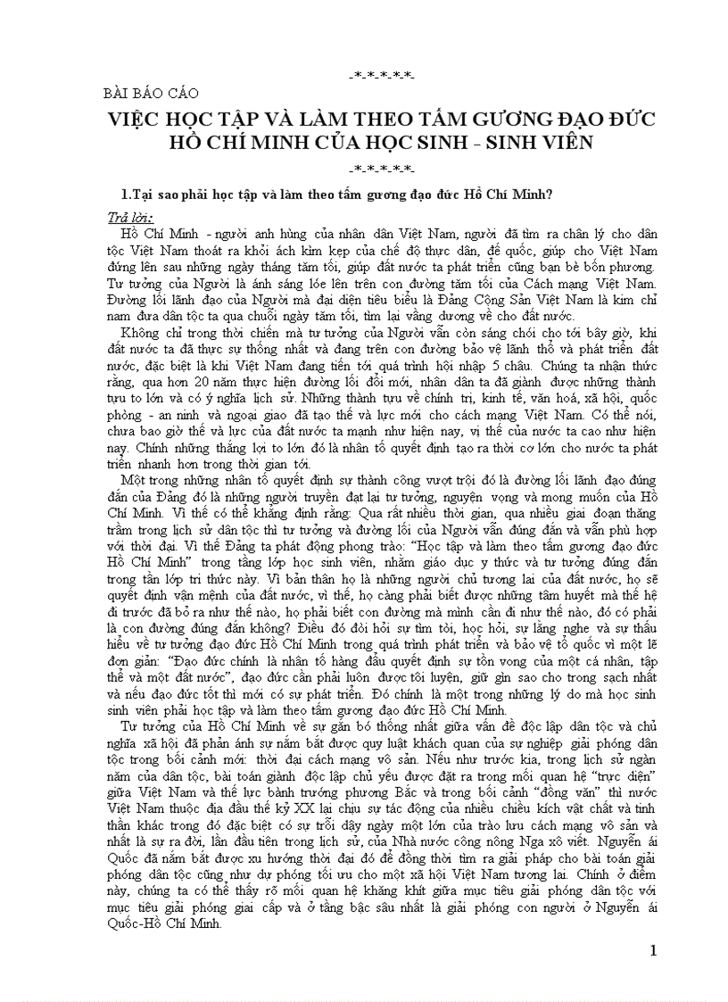 Bài báo cáo việc học tập và làm theo tấm gương đạo đức hồ chí minh của học sinh sinh viên