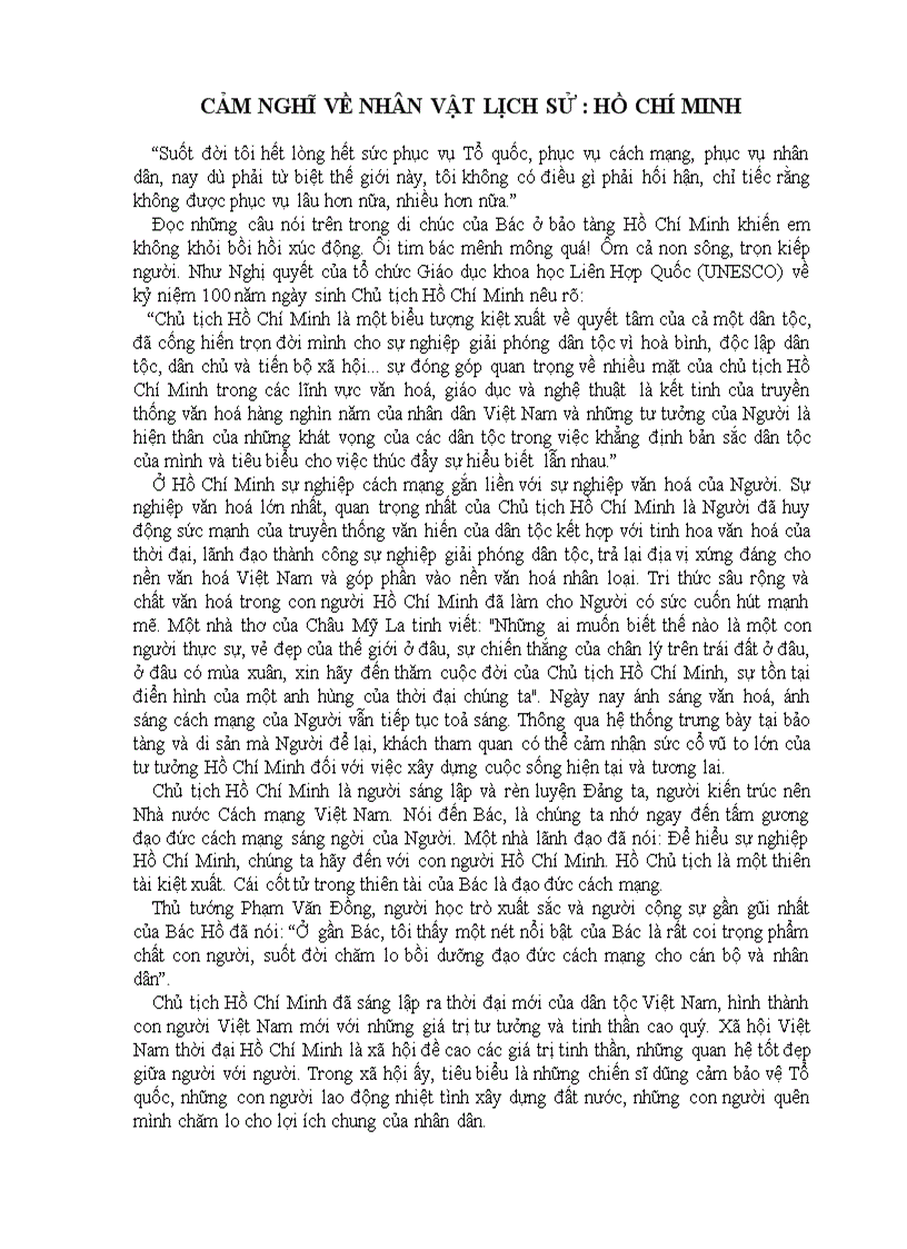 Cảm nghĩ về nhân vật lịch sử Hồ Chí Minh
