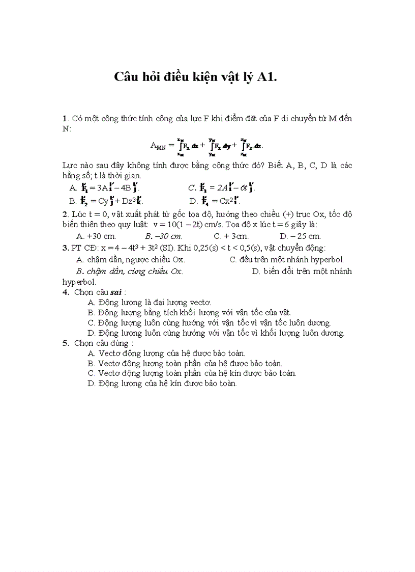 Bộ đề kiểm tra điều kiện Học viện Bưu chính viễn thông Đề 5 Vật lý a1 cô Linh