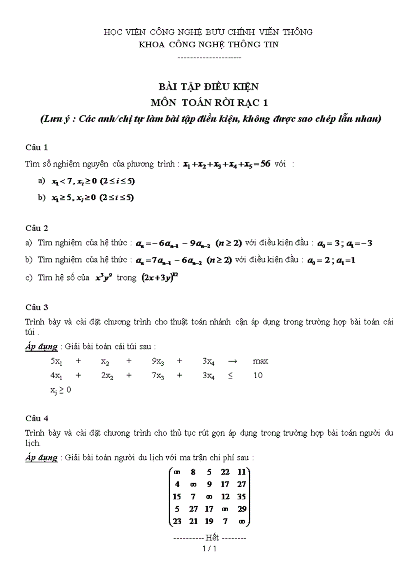 Bộ đề kiểm tra điều kiện Học viện Bưu chính viễn thông Đề 5 Toán rời rạc cô Tú