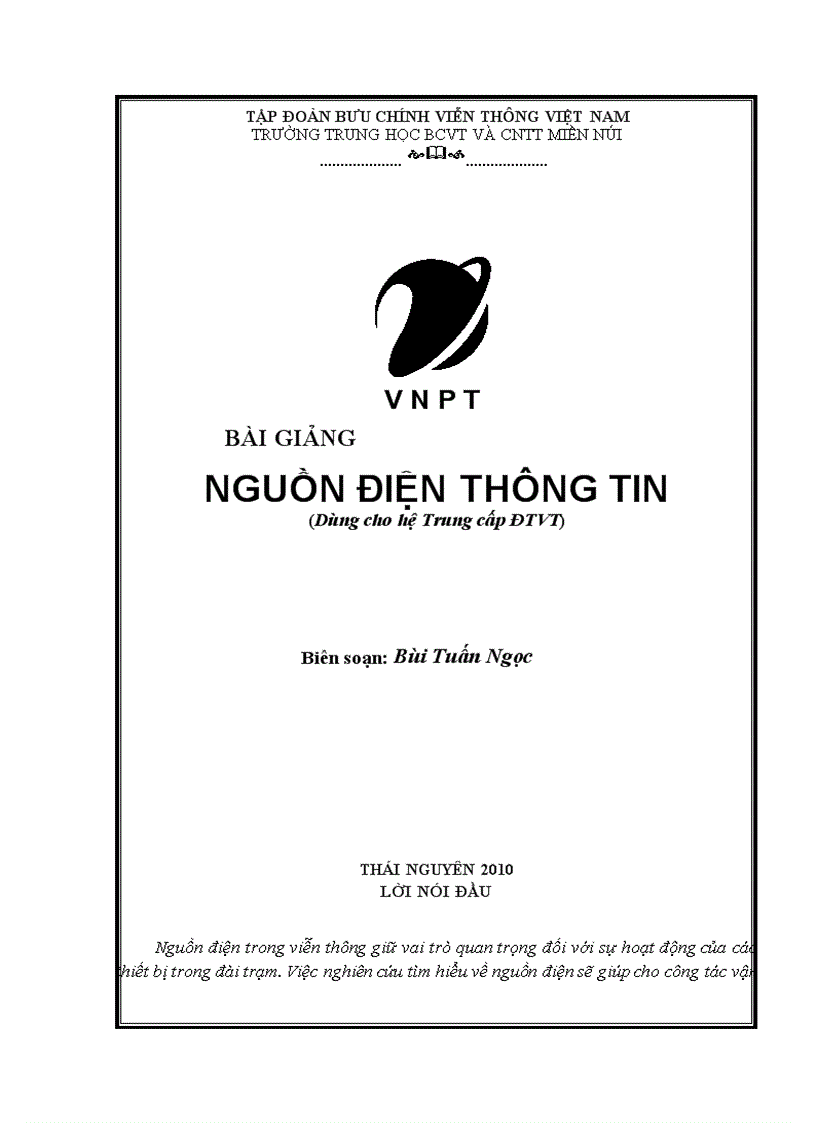 Bài giảng Nguồn điện thông tin Dùng cho ngành Điện Điện tử Điện tử viễn thông