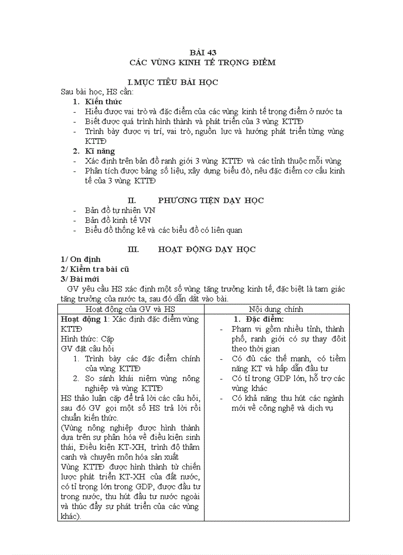 Giáo án địa lý 12 bài 43 Các vùng kinh tế trọng điểm