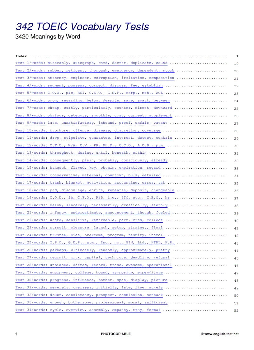 342 toeic vocabulary tests meanings by word